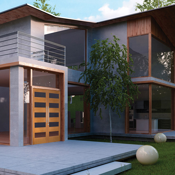 Modern style home with 5 lite wooden grain double doors