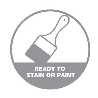 An outline of a paint brush over the words 'Ready to Stain or Paint' in a hollow grey scale circle