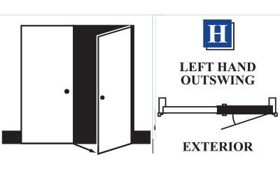 Double Door Outswing with the letter H and the words 'Left Hand Outswing Exterior' 