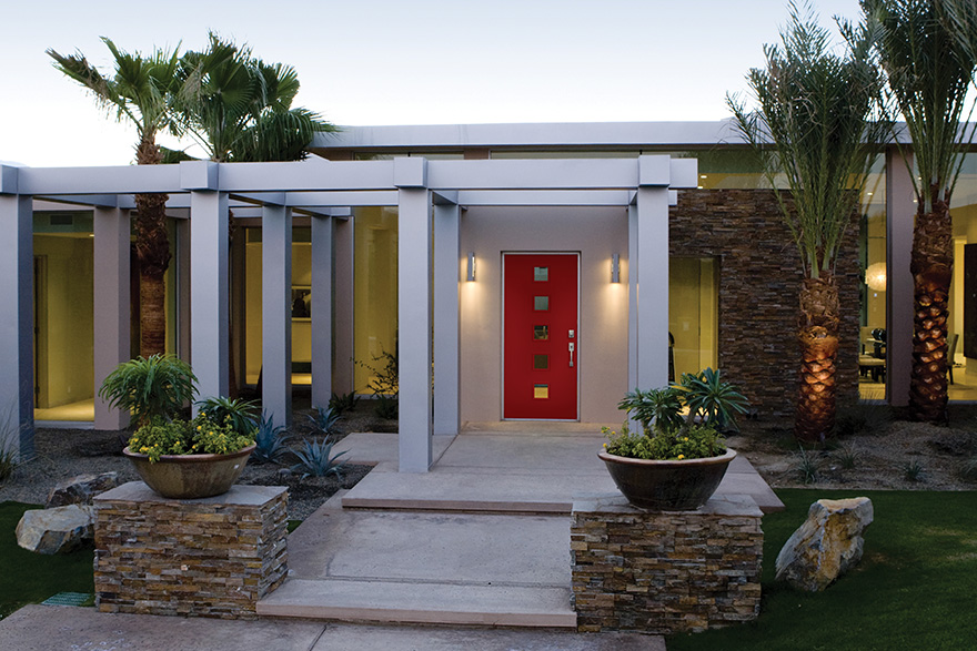 Modern home with red door with 8inch square windows