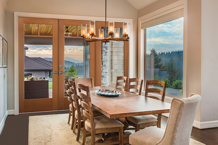 Modern Rustic style dining room with fiberglass fir grain full lite VistaGrande double doors