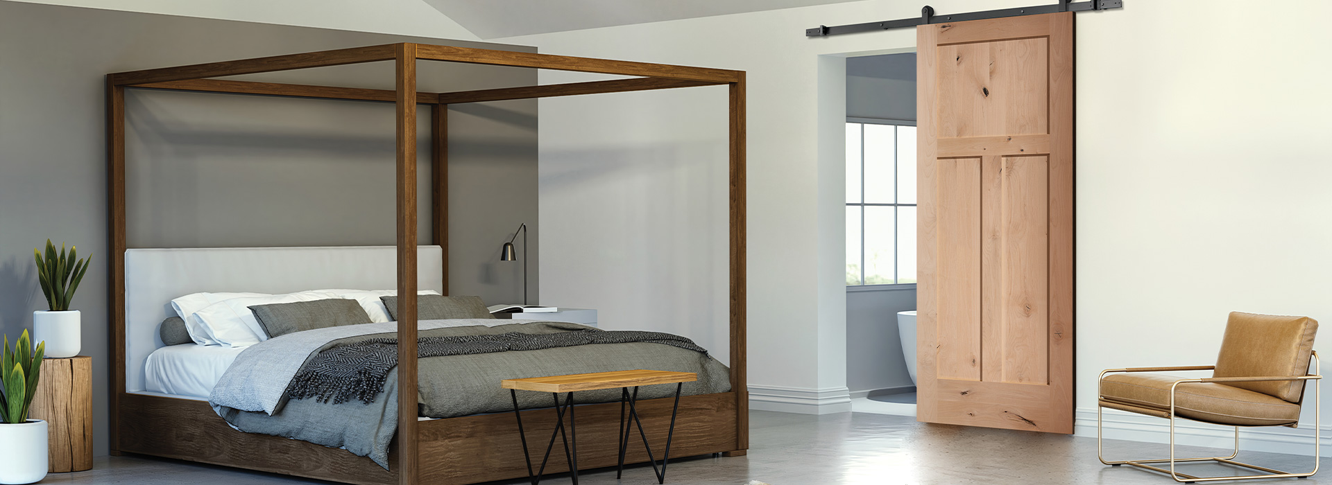 Modern bedroom with rustic elements with an interior Craftsman style 3 panel Knotty Alder Shaker door