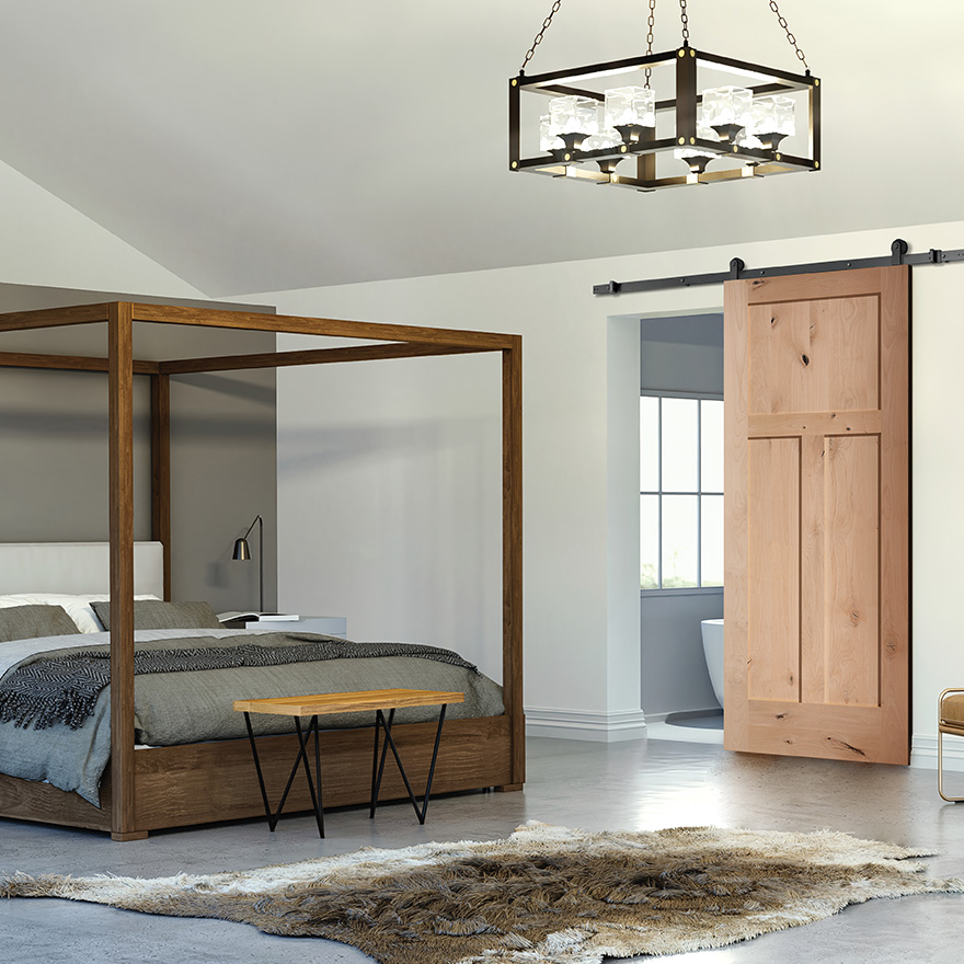 Modern bedroom with rustic elements with an interior Craftsman style 3 panel Knotty Alder Shaker door