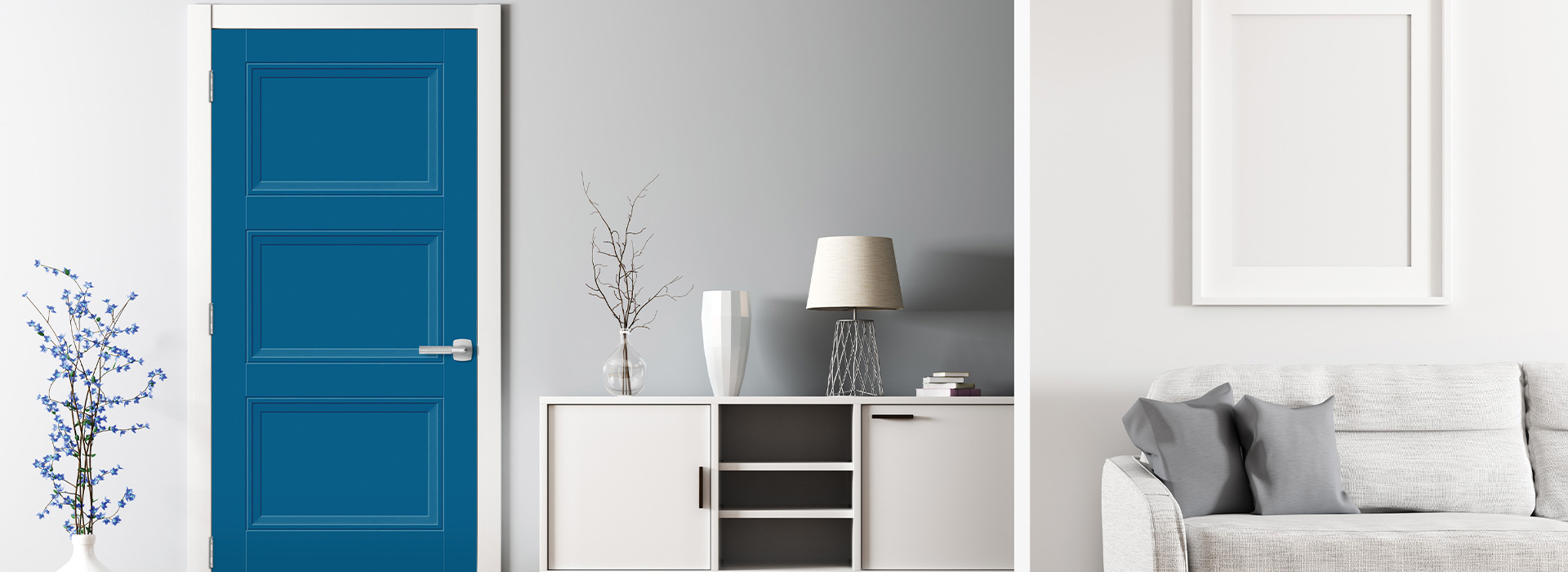 Modern style living room with a 3 panel blue Livingston door