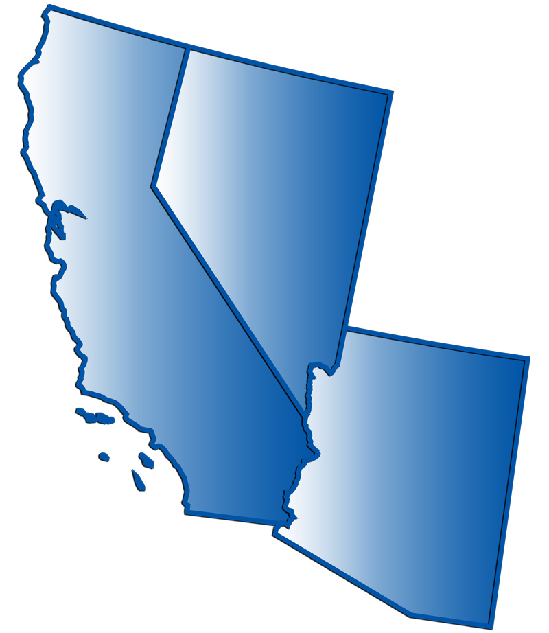 California, Nevada, and Arizona state outline map