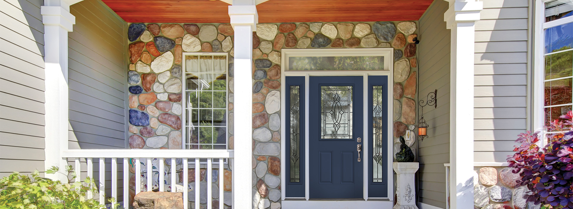 Front porch with a half lite 2 panel blue Bellville door with sidlelites