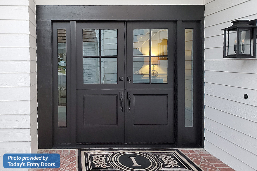 Modern Farmhouse front porch with black 4 lite 1 panel Dutch double doors