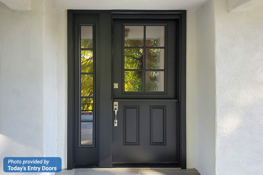 Modern Farmhouse front porch with a black 6 lite 2 panel Dutch door and a 5 lite Sidelite