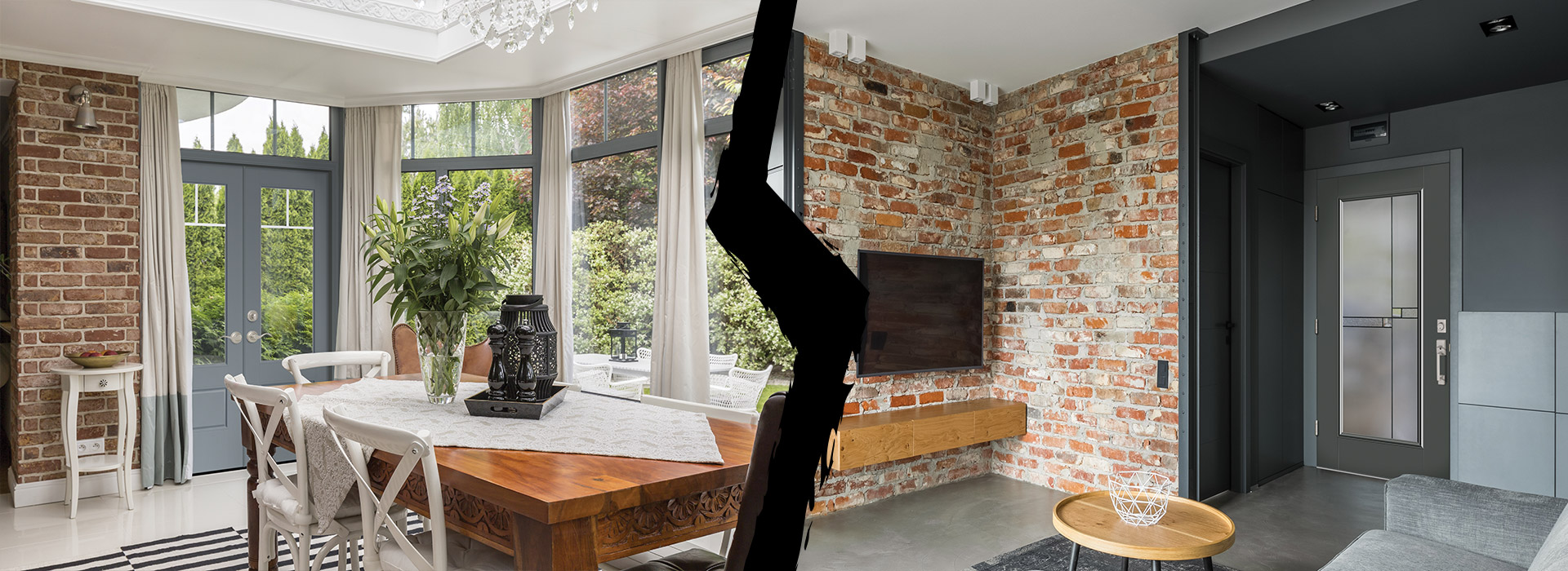 To the left is a a sun room dining area with flush glazed door and to the right is a modern entryway with a full lite glass insert door. Both pictures are separated by a wide and jagged paint-like stroke black line