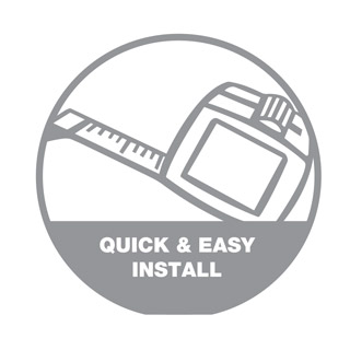 An outline of a measuring tape over the words 'Quick & Easy Install' in a hollow grey scale circle 