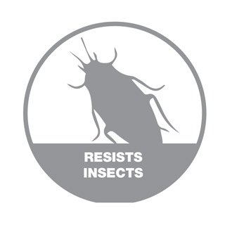 An outline of a cockroach over words 'Resists Insects' in a hollow grey scale circle