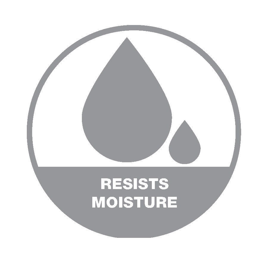 An outline of one big and one small water drop over the words 'Resists Water' in a hollow grey scale circle