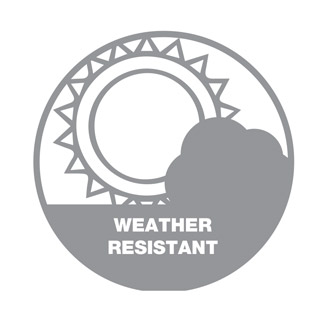An outline of a sun and a cloud slightly covering over the words ' Weather Resistant' in a hollow grey scale circle