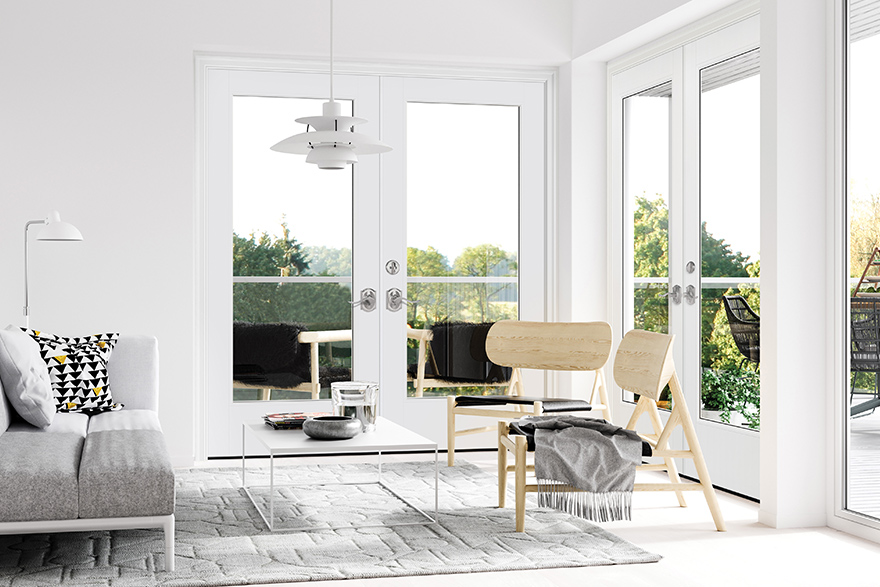 Scandinavian style living room with 2 VistaGrande full lite double doors with internal straight across grids in the middle