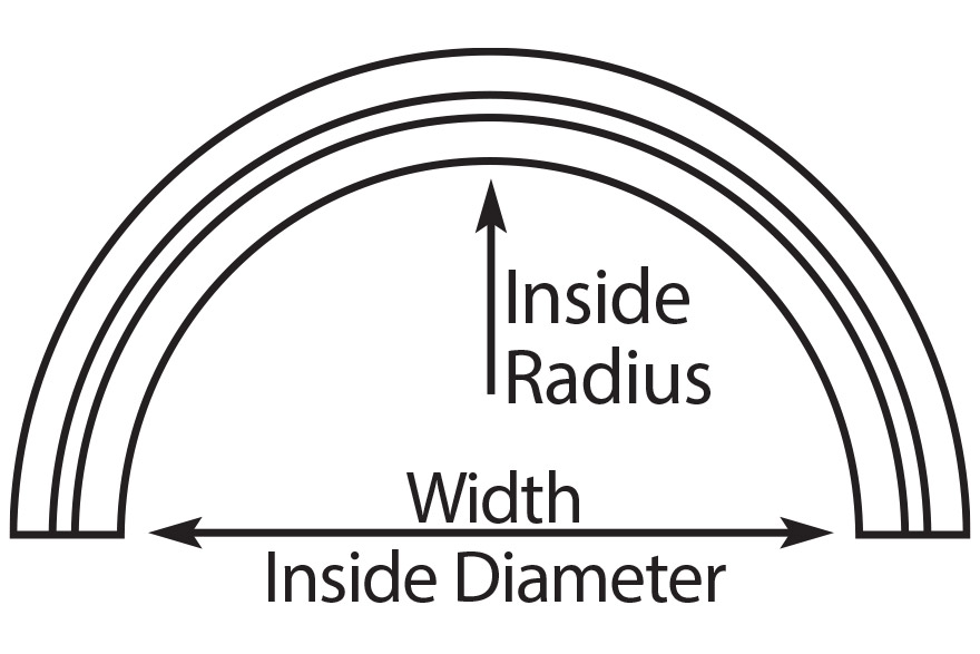 Half circle diagram with an arrow pointing up to the inside middle with the words 'inside radius' and a double ended arrow pointed to each end of the half circle with the words 'Width Inside Diameter'