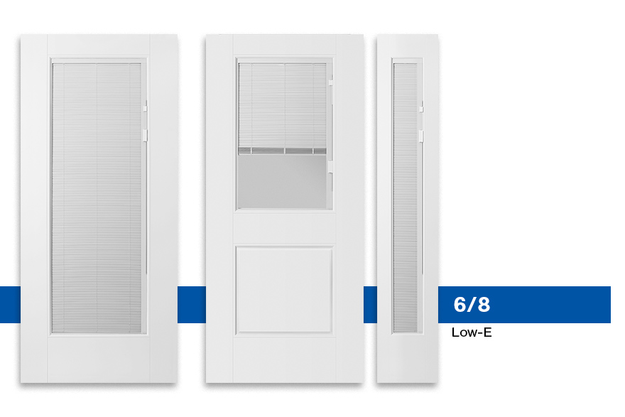 Fiberglass smooth white 3 Mini Blinds Doors from left to right: Vistagrande Mini Blinds Full Lite Low-E, Belleville Smooth 1 Panel Door Raise and Lower-Tilt White Mini Blinds with Clear Glass Fiberglass Smooth, VistaGrande Mini Blinds full Lite Low-E Argon Sidelite  
