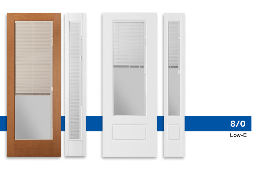 4 Mini Blinds doors from left to right: fiberglass fir grain Belleville Fir Textured Door Full Raise and Lower-Tilt Almond Mini Blinds with Clear Low-E Glass, VistaGrande Mini Blinds full Lite Low-E Argon Sidelite, Vistagrande Mini Blinds 3/4 Lite 1-Panel Low-E, VistaGrande Mini Blinds 3/4 Lite 1-Panel Low-E Argon Sidelite
