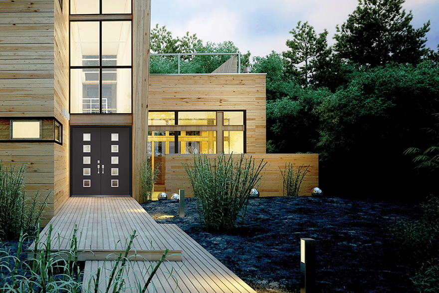 Modern home with double doors with 8 inch square windows