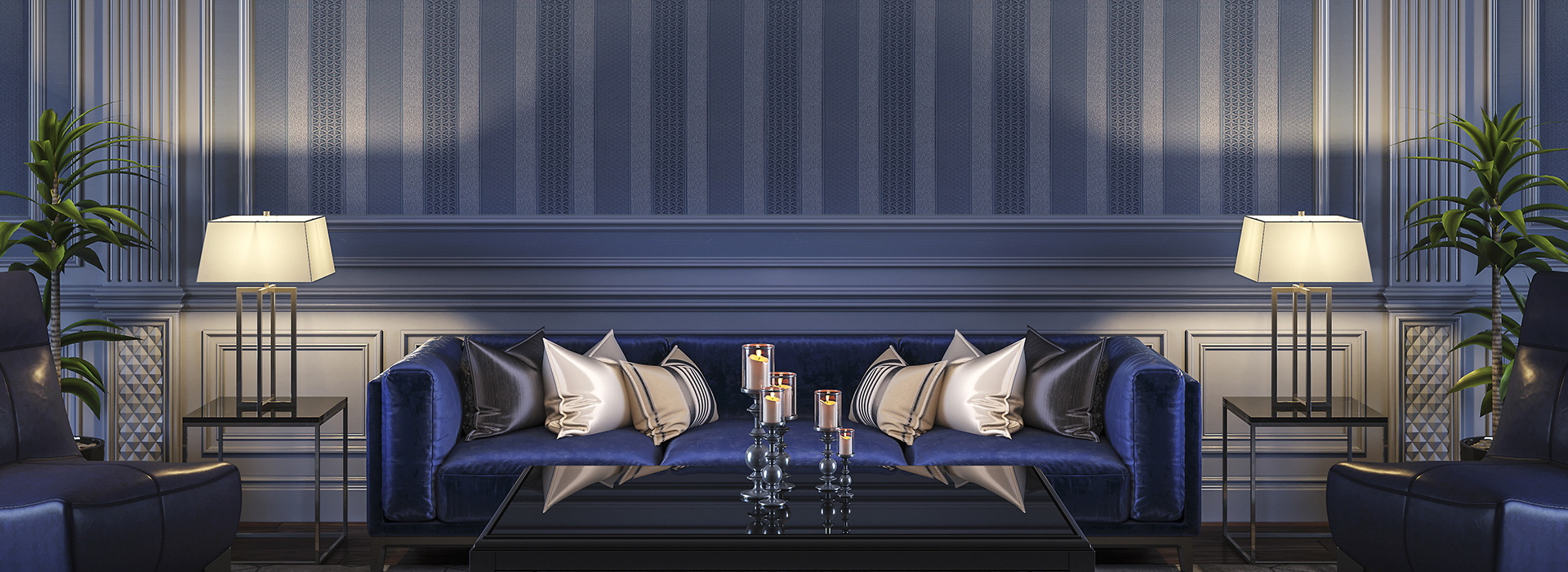 Art Deco style sitting area with a wall flushed centered blue silk couch, end tables with matching lamps on each end, glossy black rectangle coffee table in the middle and side leather seats with blue vertical stripe wallpaper with moulding accents