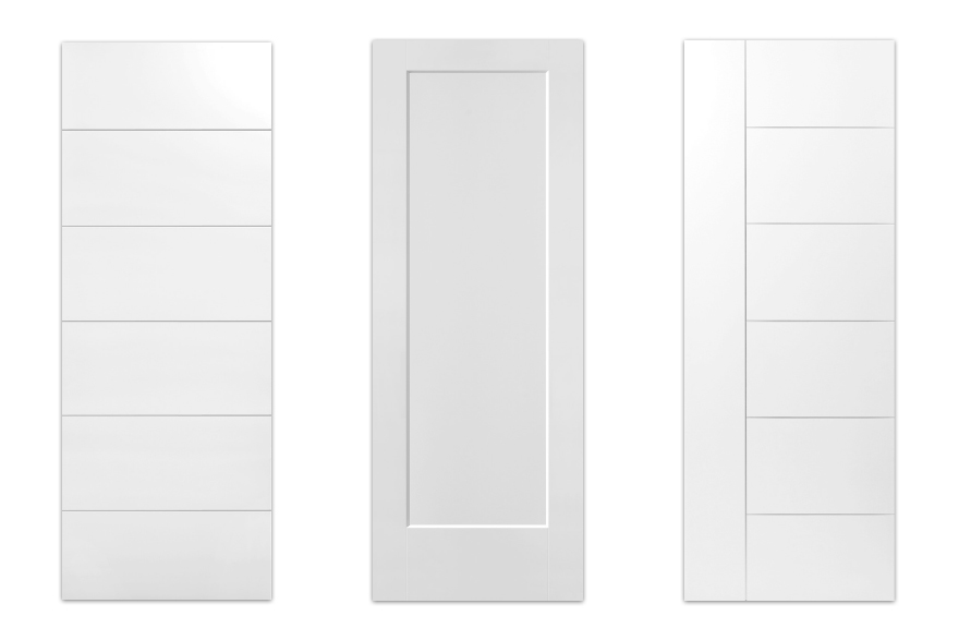 3 Asian inspired interior doors (left to right) white moulded panel West End Collection Melrose door, white moulded panel Heritage Lincoln Park 1 square panel door, white moulded panel West End Collection Berkley fire door