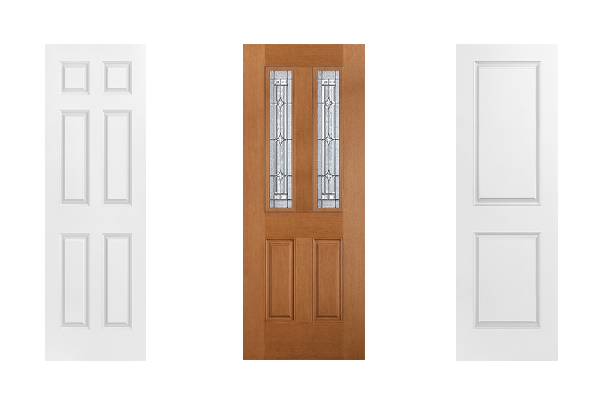 3 Colonial Revival style doors (left to right) moulded panel 6 panel square top smooth door, Panama glass twin lite 2 panel fir textured Bellville door, moulded panel 2 panel square top smooth door