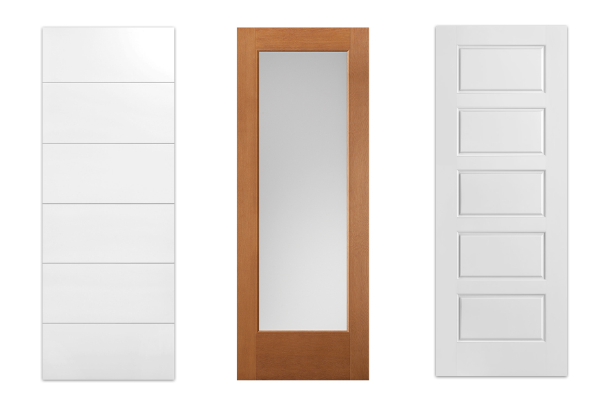 3 Contemporary style doors (left to right) interior moulded panel West End Collection Melrose door, exterior clear full lite fir textured flush Vistagrande door, interior 5 square panel Select Series Riverside door