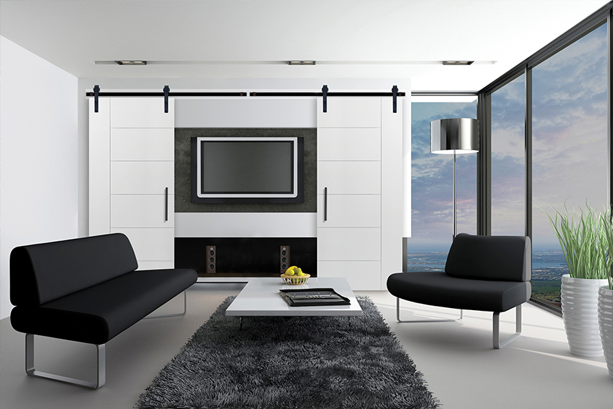 Contemporary style living room with 2 moulded panel West End Collection Berkley interior doors on a track on each side of an entertainment center, one black sofa on the left and one on the right, a rectangle black shag rug and rectangle white coffee table in between the sofas, and a wall of windows with a water view and 2 big potted plants to the right