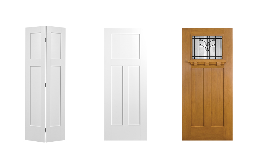 3 Craftsman style doors (left to right) interior moulded panel Heritage Series Winslow Bi-Fold door, interior moulded panel Heritage Winslow 3 panel door, exterior fir textured Heritage Series 2 panel frontier glass rectangle top lite with dental shelf door