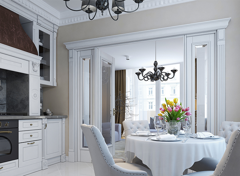 Greek style kitchen and dining area with dentil crown moulding