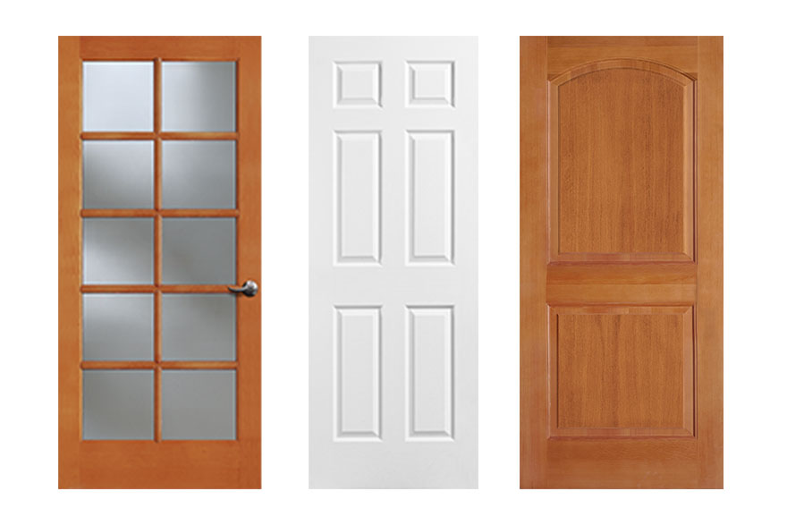 3 Craftsman style doors (left to right) interior moulded panel Heritage Series Winslow Bi-Fold door, interior moulded panel Heritage Winslow 3 panel door, exterior fir textured Heritage Series 2 panel frontier glass rectangle top lite with dental shelf door
