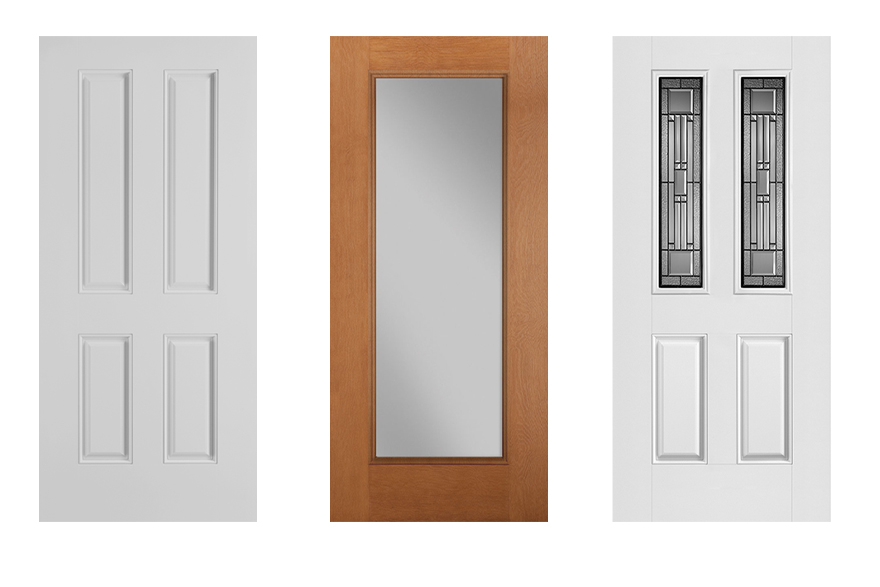 3 Scandinavian style doors (left to right) White Fiberglass smooth Belleville Series New England true smooth 4 panel exterior door, Belleville fir textured full lite with clear low-E glass exterior door, Belleville smooth 2 panel twin lite exterior door with Artisan glass