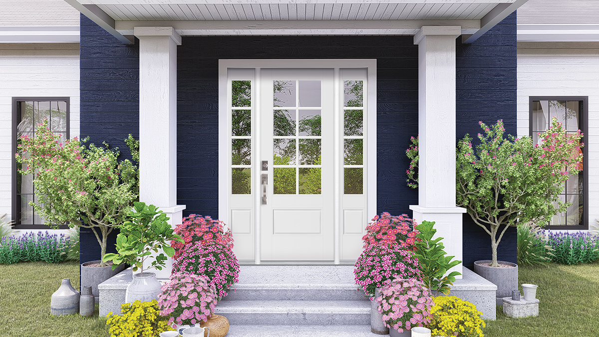 Front porch with a white VistaGrande 6 lite 1 panel Door and sidlites with SDL Bars