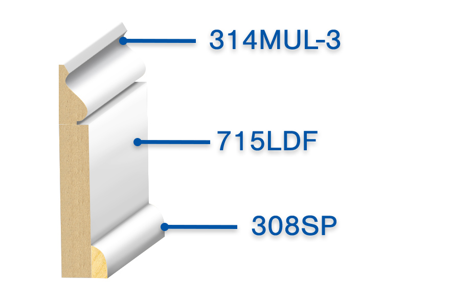 3 Baseboard Moulding samples: 314 MUL-3, 715 LDF, 308SP